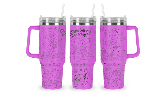 Engraved tumbler featuring Strawberry Shortcake surrounded by strawberries, hearts, and whimsical floral accents.