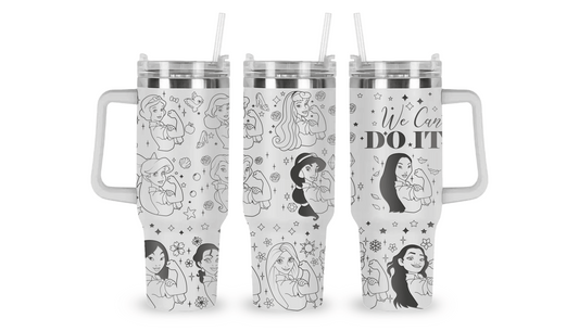 Stainless steel tumbler with an engraved design of Disney Princesses in Rosie the Riveter-style poses.