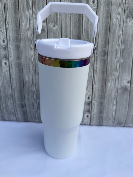 30oz White Rainbow trim tumbler-Insulated Stainless Steel (Choose Design)